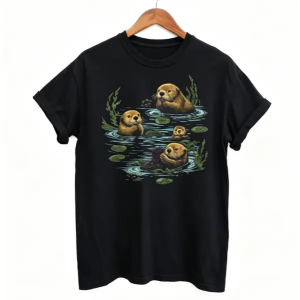 Vintage River Otter Family Water Lily Pond Wildlife Art Graphic Short Sleeve T-Shirt, Unisex Summer Vacation Back To School Nature Lover Casual Tops, 100% Pure Cotton Printed Craft Summervibes Tee, Soft Breathable Relaxed Fit everyday outfits
