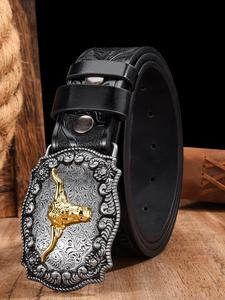 Men's Vintage Style Genuine Leather Cowboy Belt with Bull Head Alloy Buckle, Western Belt Buckles, Unique Printed Design, Perfect for Jeans and Casual Wear, Western Concho Belts