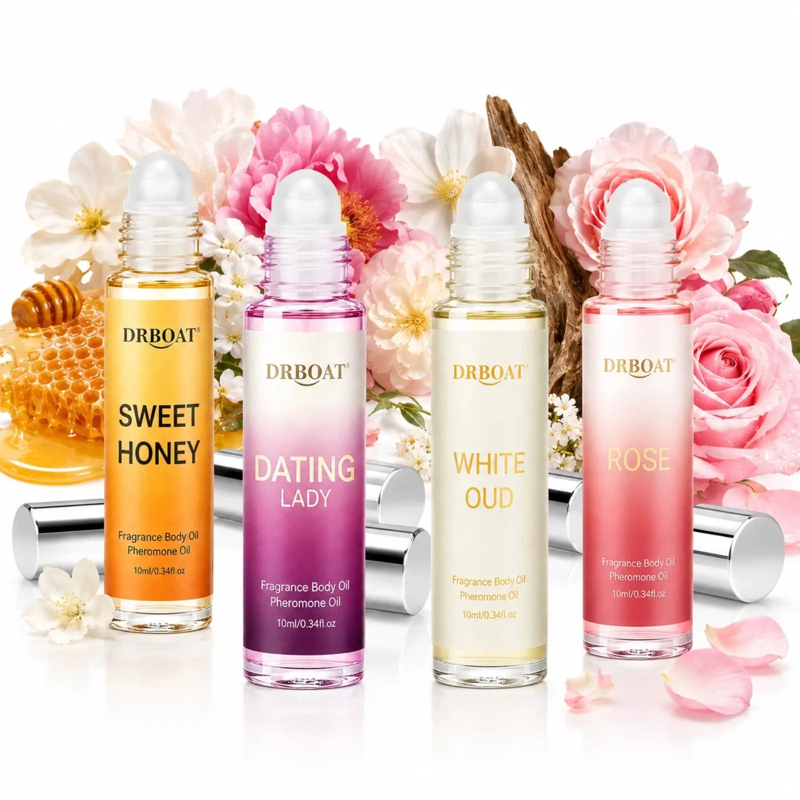 Luxury Subtle Perfume Set - Roll-On Pheromone Collection, Romantic Aromatherapy Essential Oils with HONEY OUD - NIGHT DATING - WHITE OUD - NIGHT ROSE | 4 x 10ml Perfume Gift Set for Home Care.