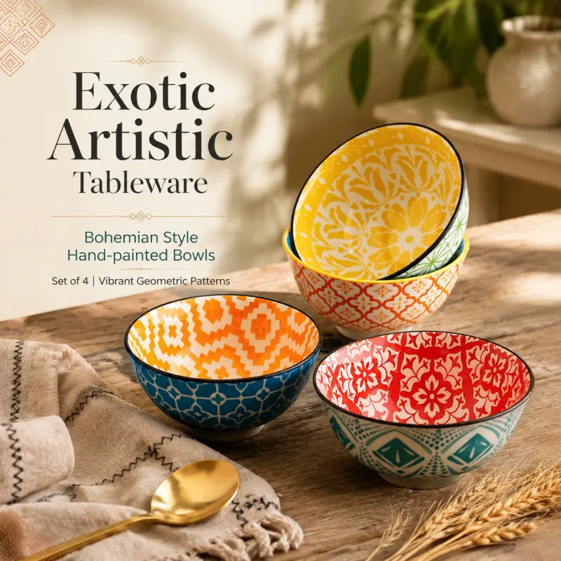 4 pack bohemian hand painted ceramic bowls vibrant geometric pattern exotic artistic serving bowl set for soup rice salad pasta daily dining decor Decorative Bowls For Home Decor