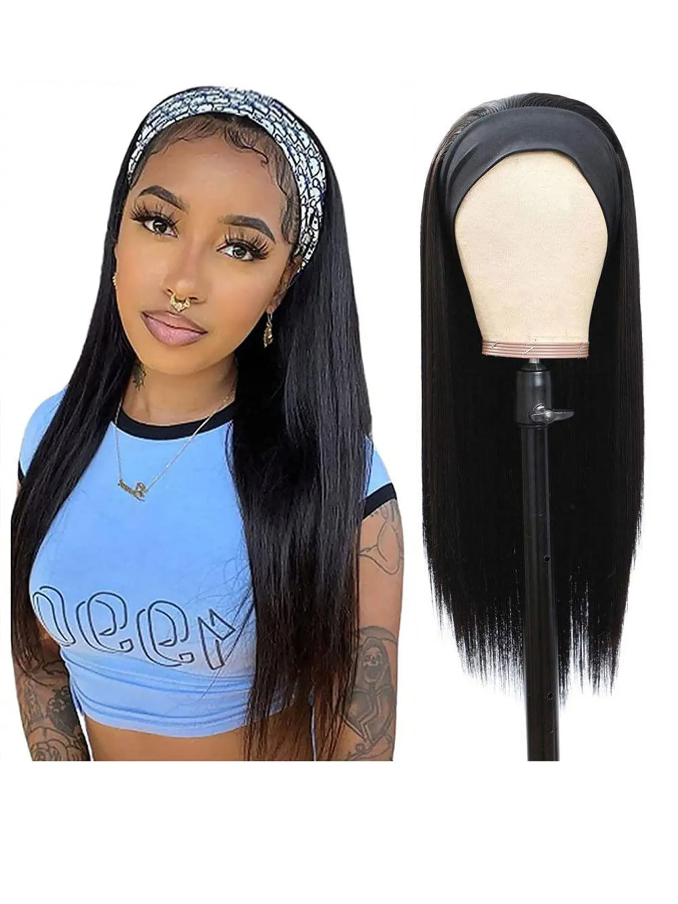 Straight Headband Wig Synthetic Hair No Glue No Lace Wear in Seconds, 200% Density Natural Black, Glueless Wigs for Women, Straight Headband Wig Quick & Easy Daily Wig