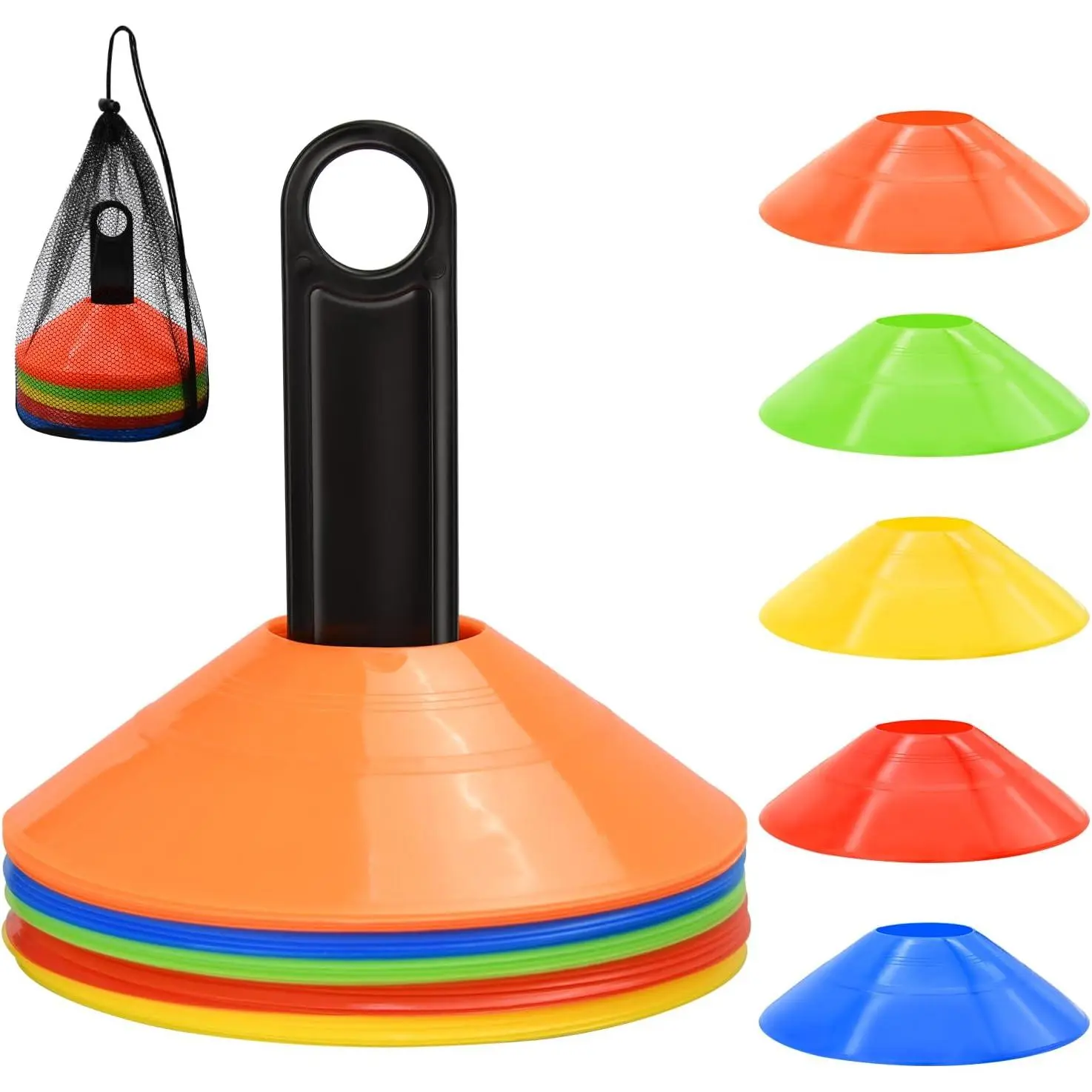 25/50/100/200 count Disc Cones, Agility Soccer Cones with Carry Bag and Holder, Soccer Cones for Sports Training, Football, Soccer, Basketball, Coaching, Practice Equipment, 5 Color