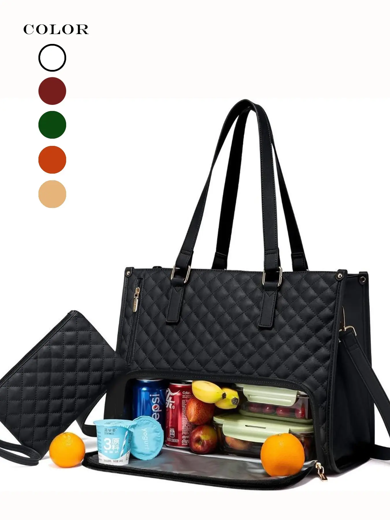 Quilted Thermal Insulated Lunch Tote Bag for Women, Large Capacity Dual Use Laptop Shoulder Purse, Waterproof Aluminum Foil Cooler Bag, Detachable Crossbody Strap Picnic Travel Food Storage Handbag