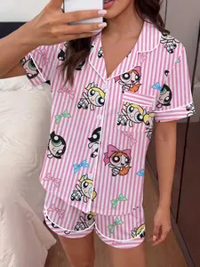 Women's Pajama Set, Cartoon Print, Fitted, All Seasons, Elegant Style, Short Sleeve Shirt, Elastic Shorts, Comfortable Home Wear, Pjs, Nightwear, Loungewear, Homewear