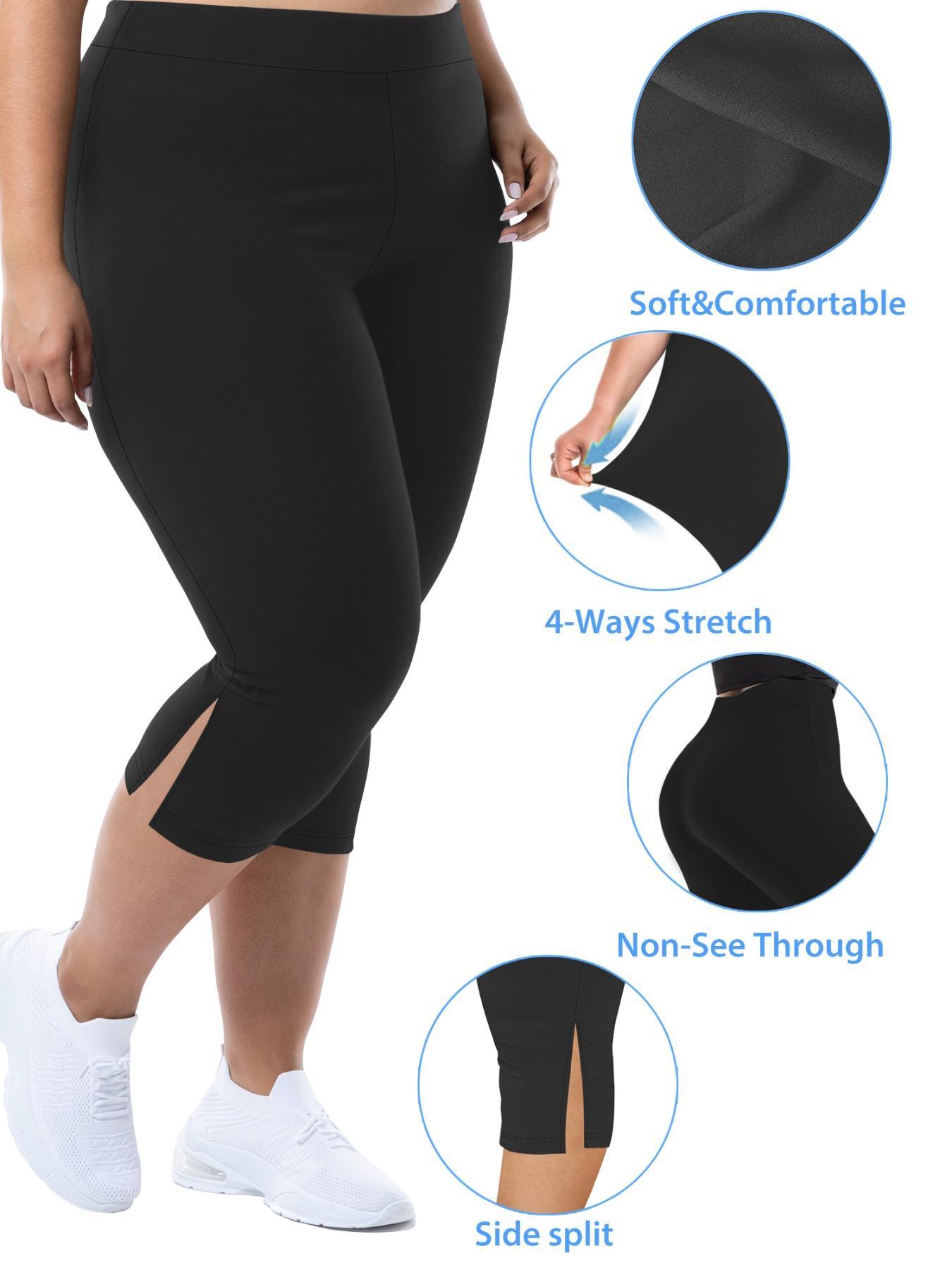 Plus Size Split Hem High Waist Capris Leggings, Casual Comfy Breathable Skinny Capris Pants for Yoga Gym Workout, Women's Bottoms for Summer