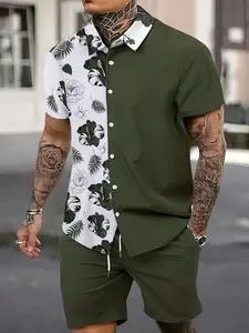 2026 Summer Holiday Hawaiian Shirt Set, Simple Design, Soft Skin-Friendly Material, Collared Blouse, Drawstring Shorts, Tropical Style, Clothes