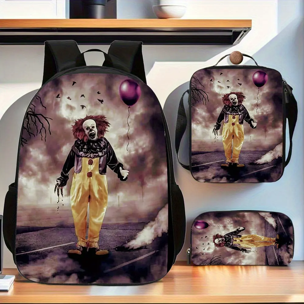 Durable Water Resistant 3-Piece Backpack Set for Kids, Lightweight School Bag with Lunch Box, Dark Gray Horror Street Pennywise Clown Purple Balloon Print, Includes Large Rucksack, Thermal Lunch Tote & Stationery Pouch