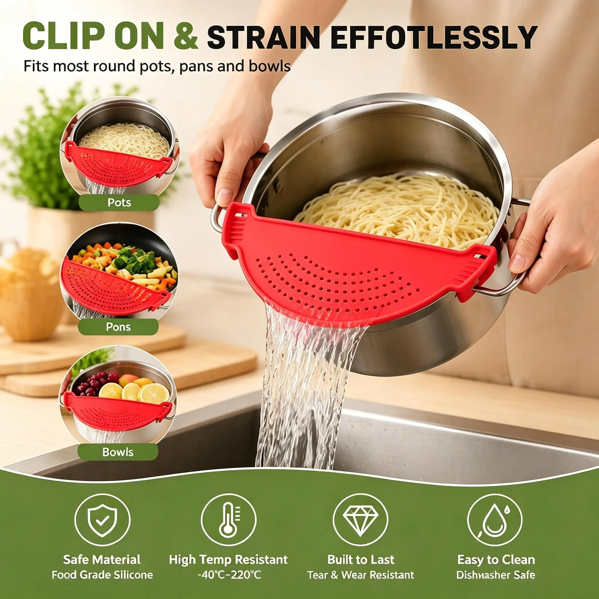Durable Plastic Kitchen Clip-On Pot Filter, Bright Blue Vegetable Fruit Basket, Easy Drainage, Food Grade PP Material, Multi-Color Options