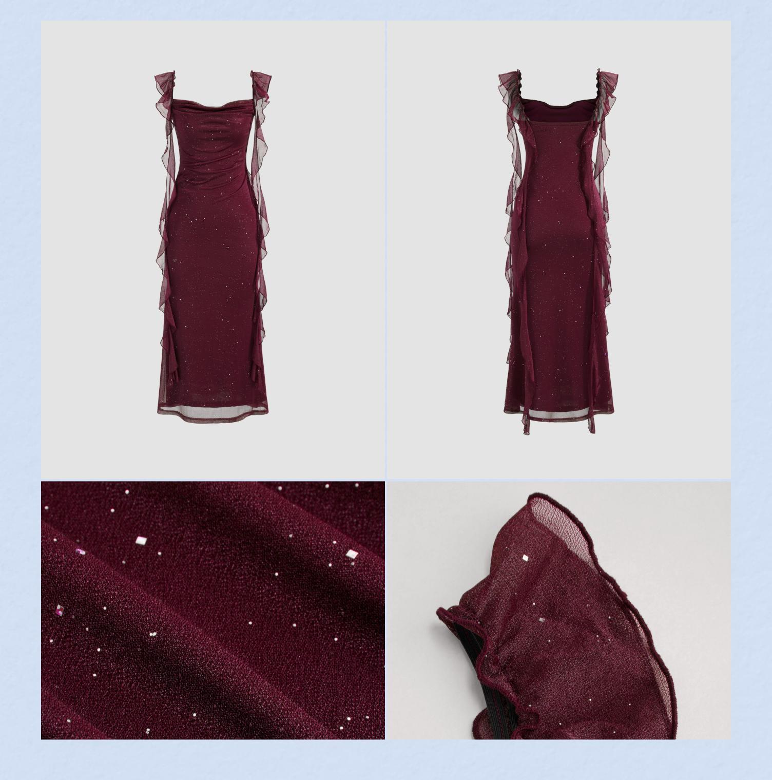 Cider [5 colors, size 0-26] Cowl Neck Solid Sequin Ruffle Hem Maxi Dress