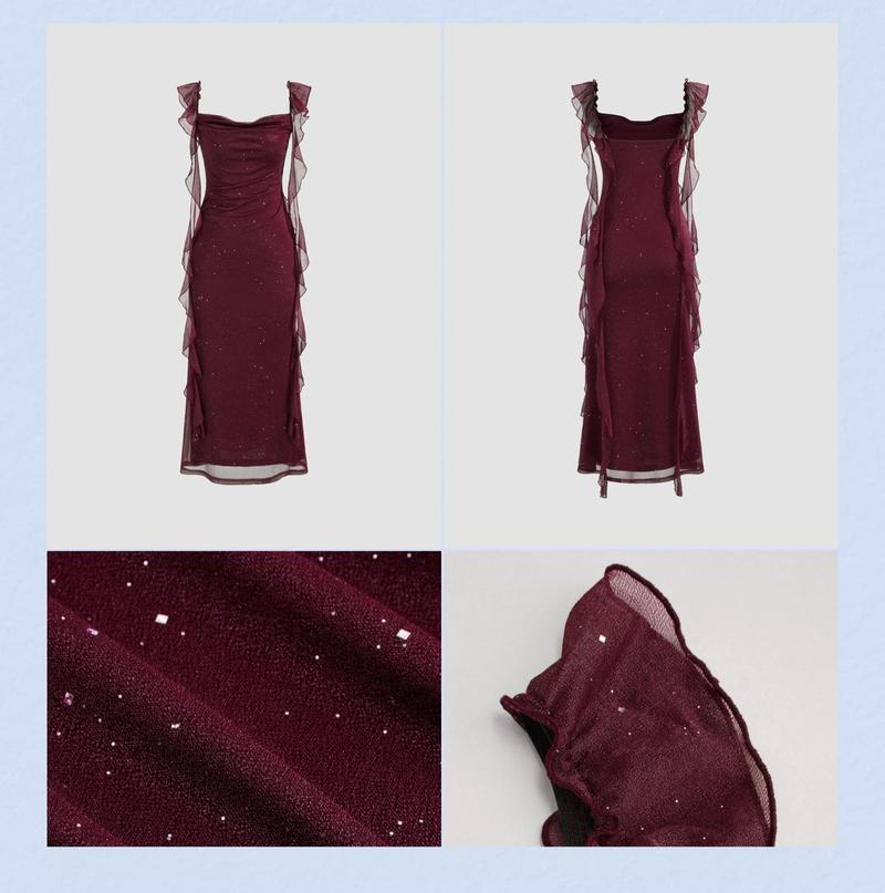 Cider [5 colors, size 0-26] Cowl Neck Solid Sequin Ruffle Hem Maxi Dress