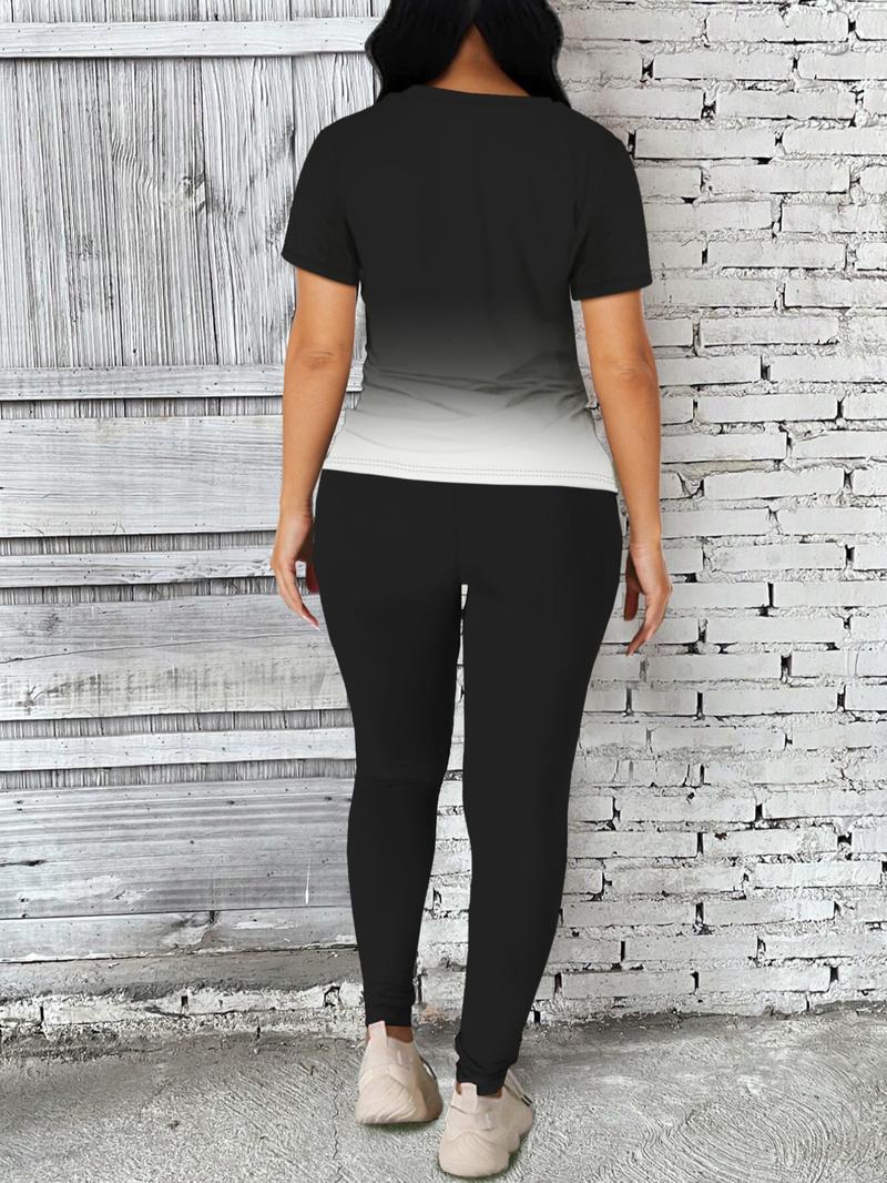Women's Ombre Letter Print Short Sleeve Tee & Leggings Set, Casual Round Neck T-Shirt & Skinny Pants For Daily Wear, Ladies Two-Piece Outfits For All Seasons