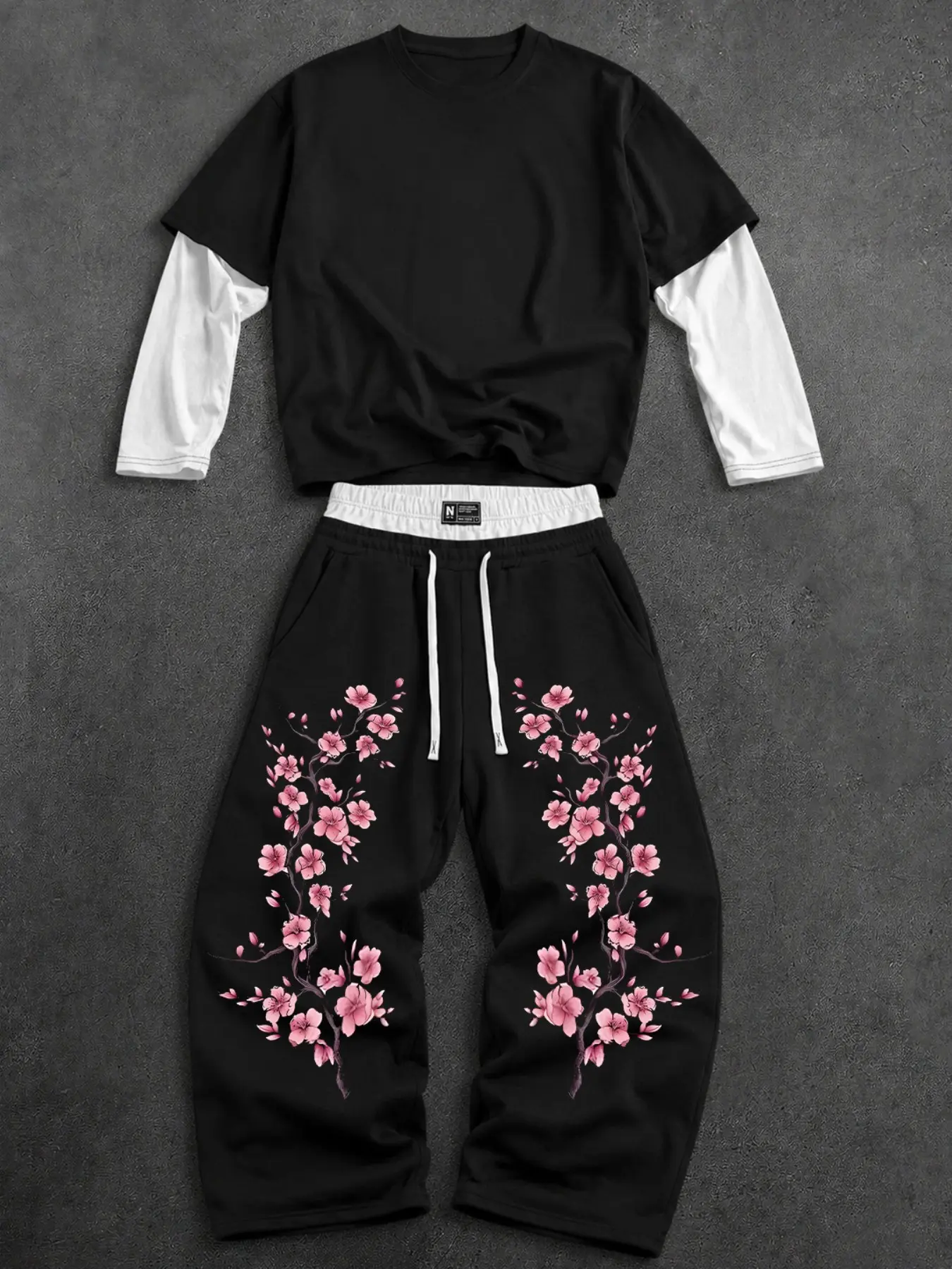 Men's Floral Graphic Hoodie Sweatpants Set, Japanese Streetwear 2 Piece Outfit with Cherry Blossom Print Loose Fit Pants, Black Casual Layered Sleeve Top and Jogger Set for Daily Wear, Street Fashion and Urban Style