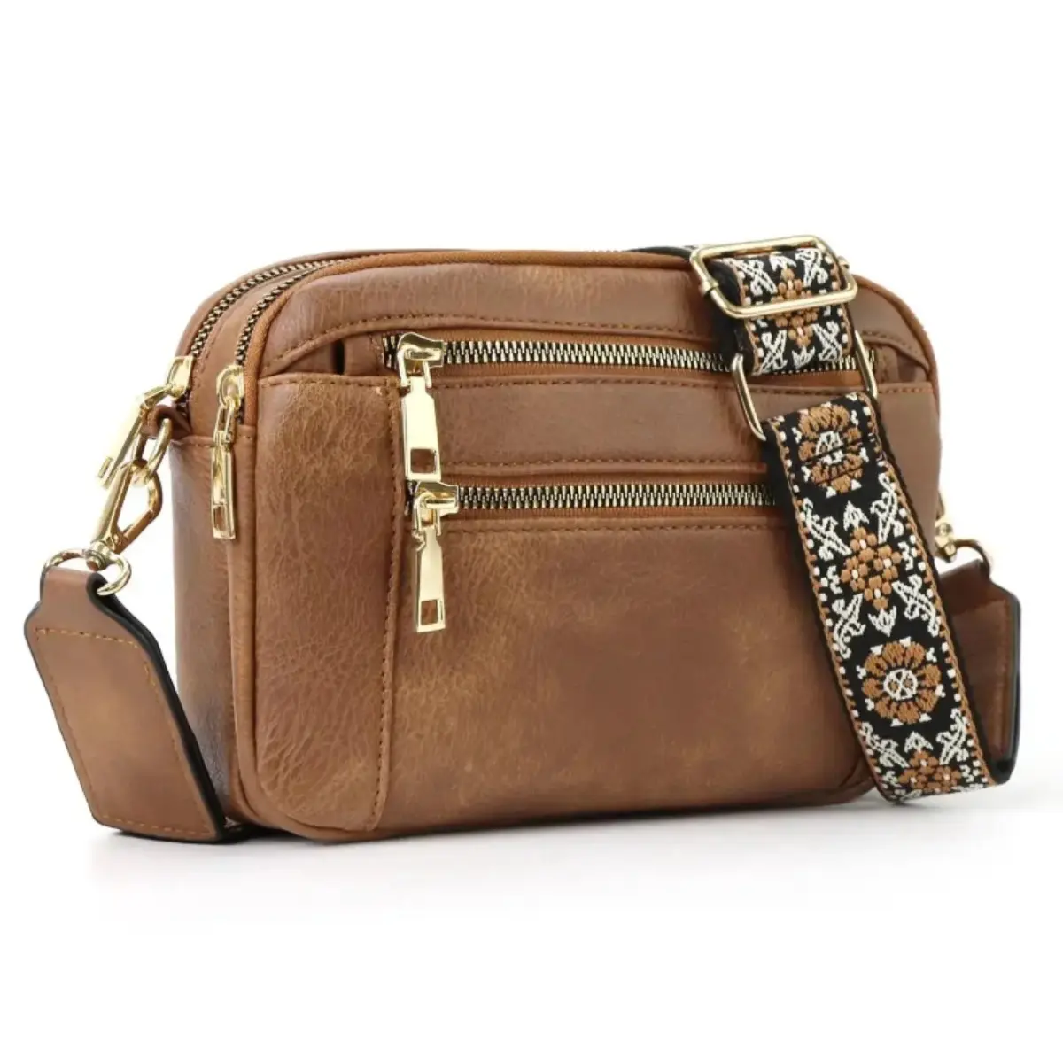 Women's Boho Vintage Vegan Leather Crossbody Bag - Casual Wear, Waterproof, Adjustable Strap, Zip Closure Shoulder Purse, Bohemian Crossbody Bag, Everyday Bag