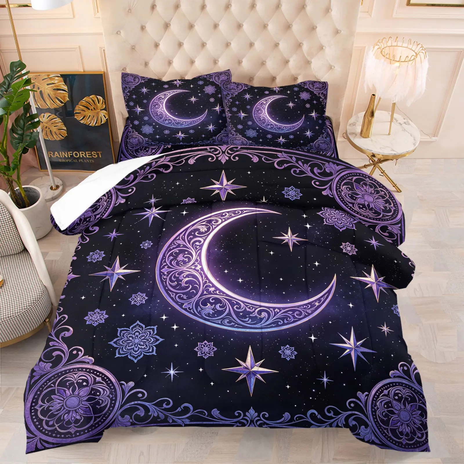 Dark Mysterious Purple Moon Star Comforter Bedding Set, 1 Comforter + 1/2 Pillowcases, Ornate Floral Frame Galaxy Print Quilt Set, Durable Soft Breathable Celestial Witch Room Decor for Teen Girls Duvet Set