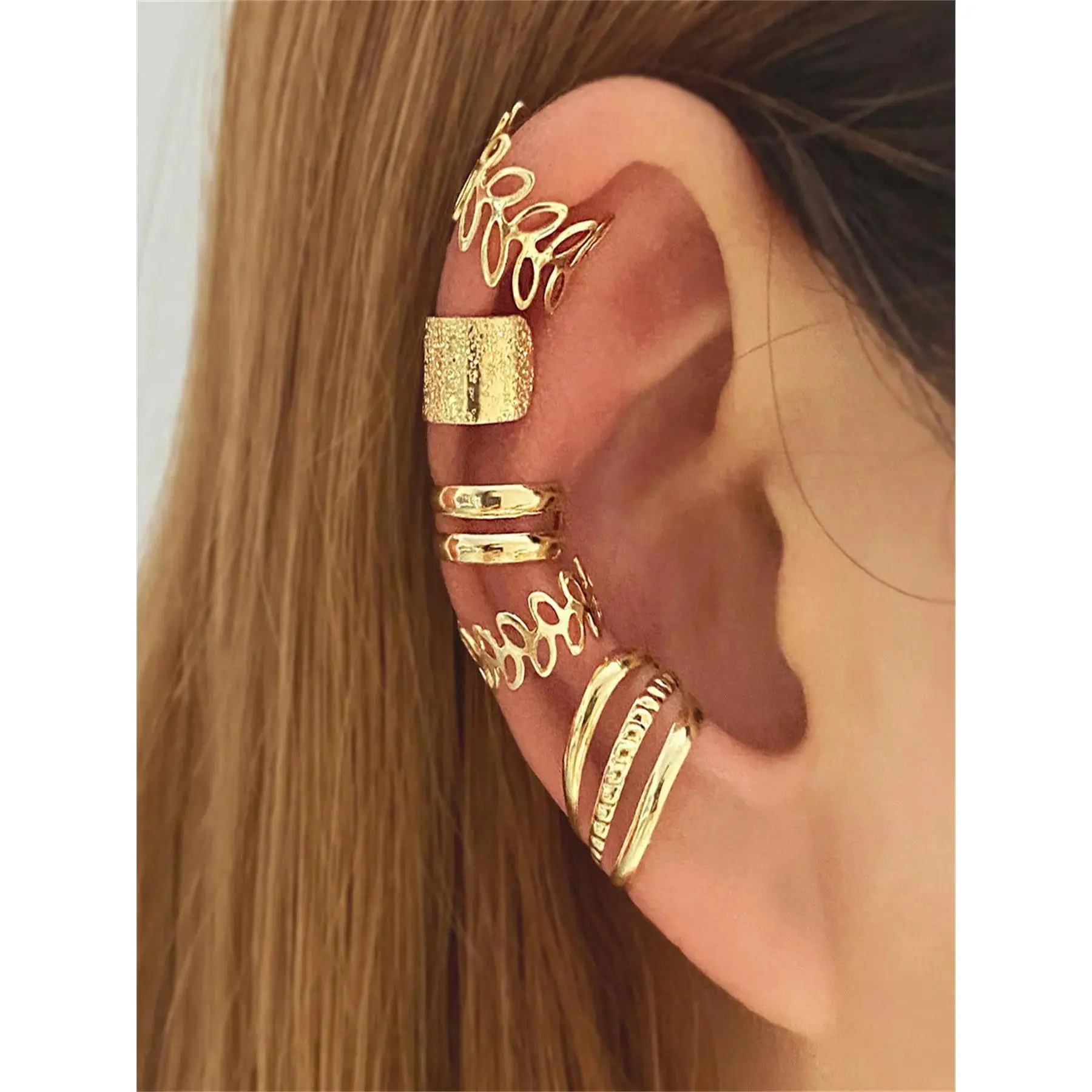 Women's Retro Clip On Earrings - 5/10PCS Set Fake Piercing Ear Cuffs, Ethnic Cutouts, Hollow Shape, Metallic Finish, One Size Female Costume Jewelry for Ball Party, Casual Daily Use