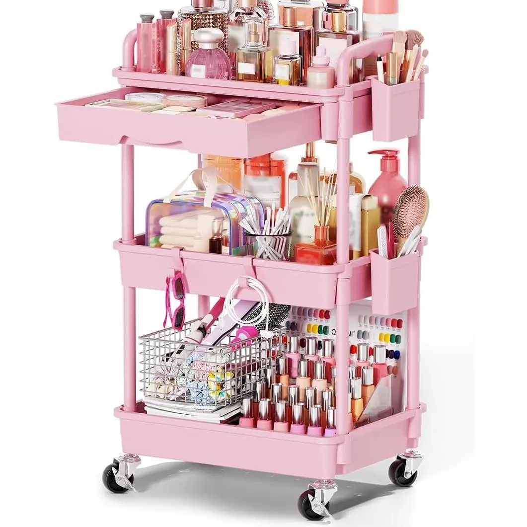 Rolling Makeup Organizer Cart with Removable Drawer, 3 Tier Stable Pink Floor Skincare Storage Cart for Vanity, Cosmetic Display, Nail Polish, Perfume, Hair Stuff, Beauty, Bathroom(Plastic)