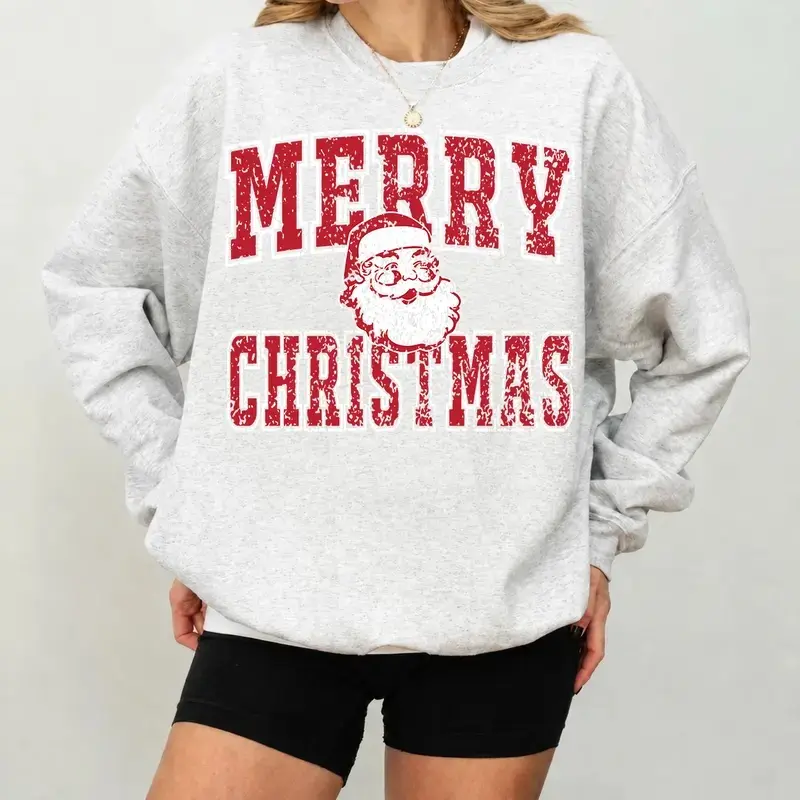 Retro Santa Graphic Tee - Domestic Casual Lightweight Christmas Collage Sweatshirt for University Sports Outerwear