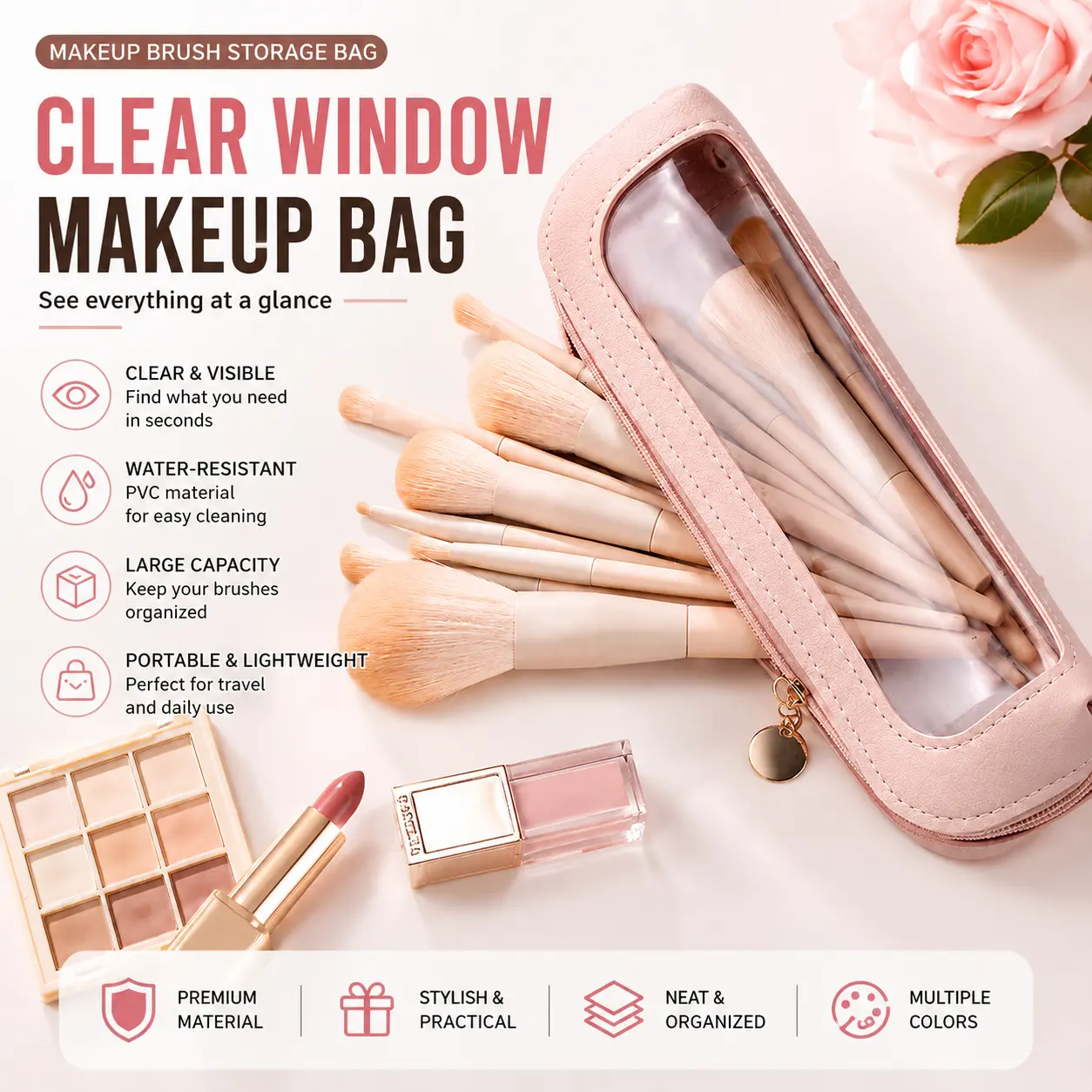 Portable Lightweight Makeup Brush & Cosmetic Bag, Multi-Functional Zipper Pouch for Travel & Stationery Storage, Clear Window Makeup Brush Bag, Portable Cosmetic Organizer Pouch for Travel, Makeup Brushes, Eyeliner & Beauty Tools