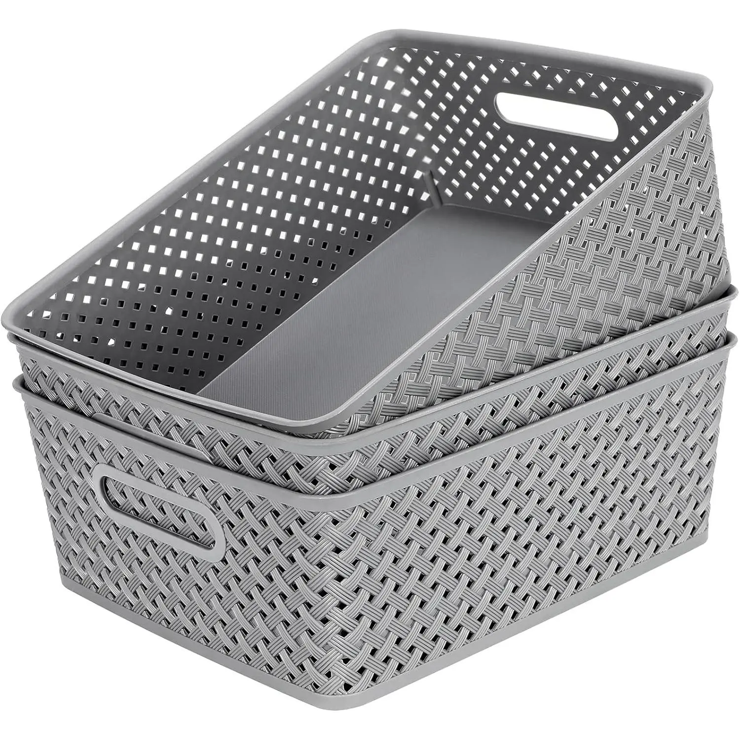 3-Pack Plastic Storage Bins with Handles, Woven Baskets, Grey Basket Organizer for Home and Office, Large