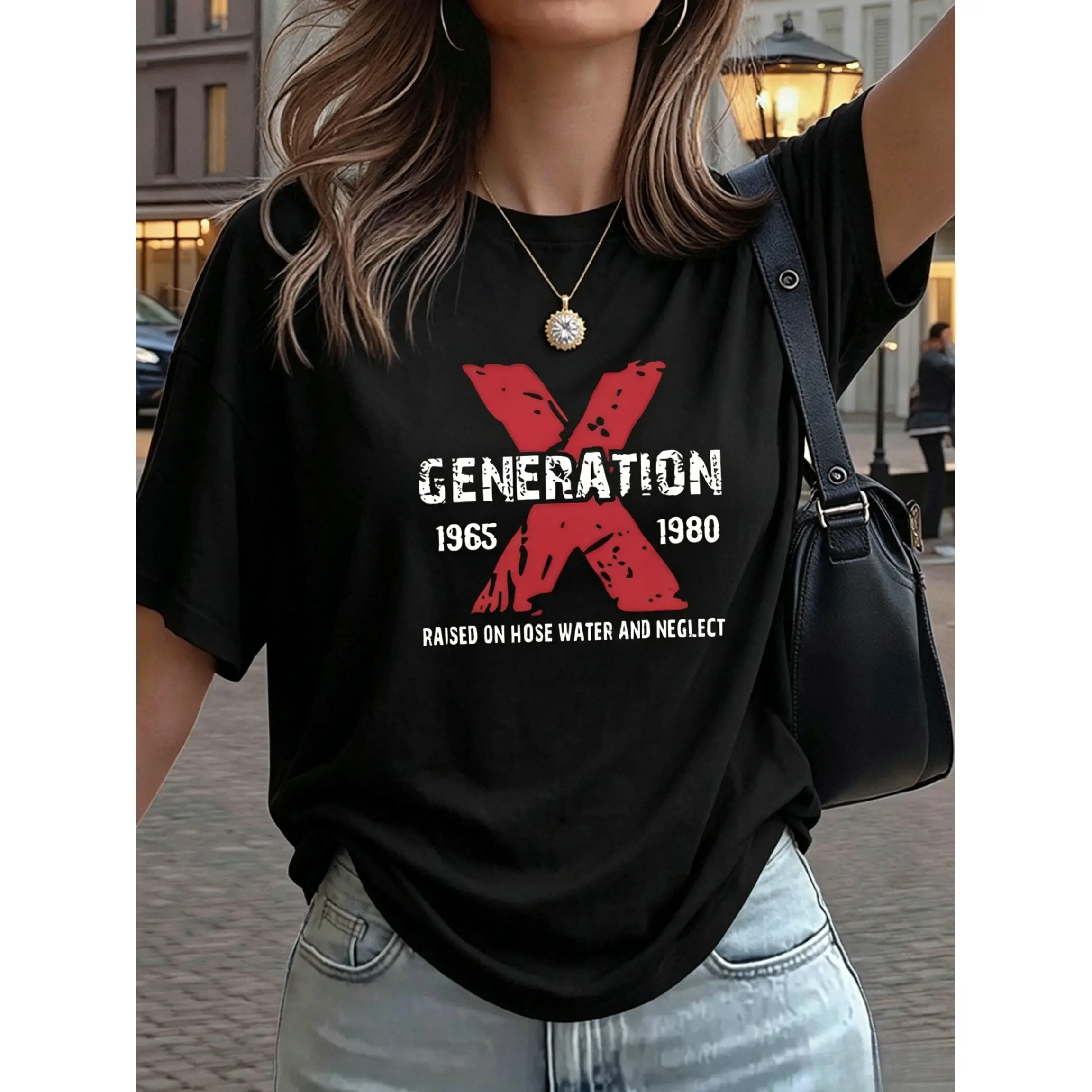 Men's Round Neck Short Sleeve Athletic Basic Foldable Gen X Graphic Tee - 1965-1980 Theme Print, Raised On Hose Water & Neglect, Distressed Retro Funny Nostalgic, Fashion, Valentine's Day, Easter, All Seasons, Black, Cold Wash, Do Not Bleach, Chic, Valent