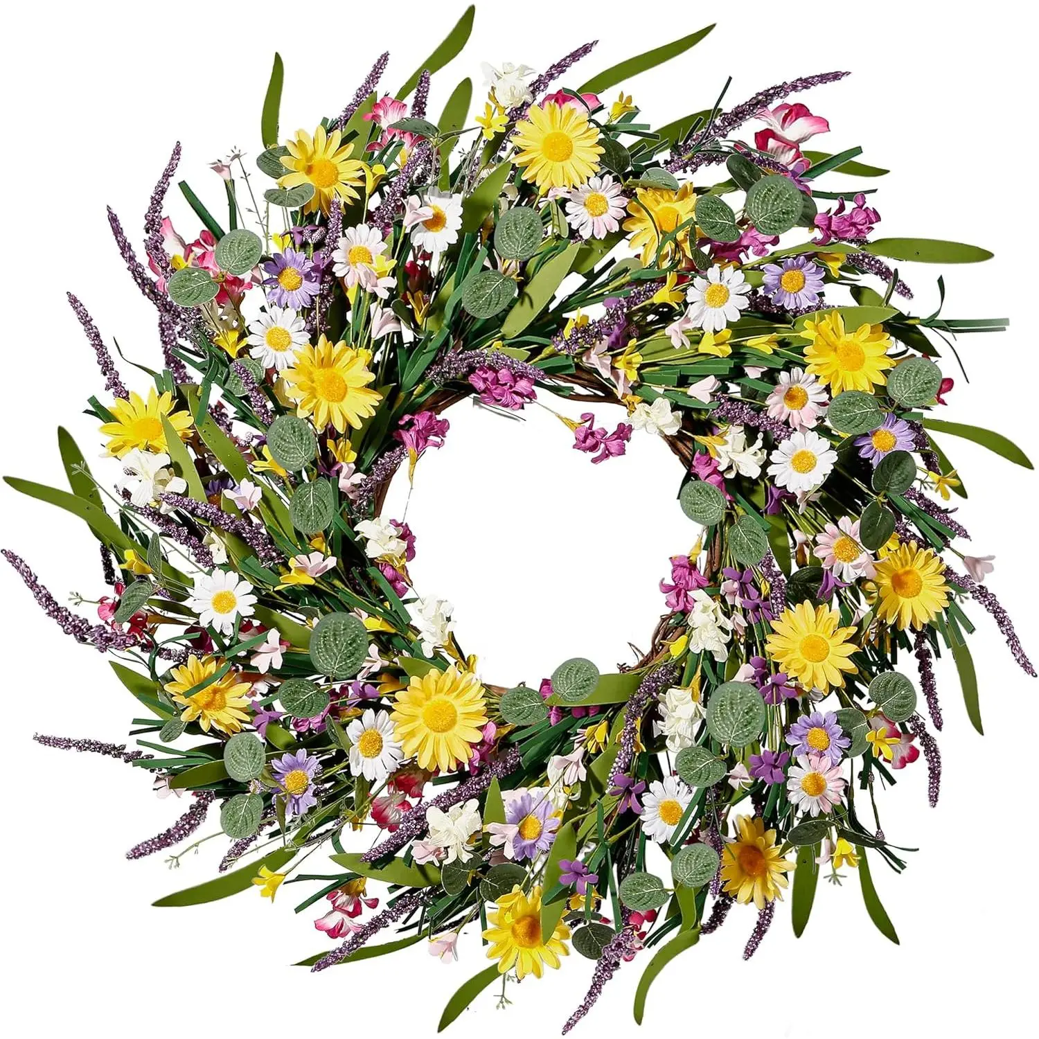 Daisy and Lavender Wreath 24’’ Wildflower Wreath Spring and Summer Artificial Spring Silk Summer for Front Door  Wall Wedding Festival  Holiday Decor