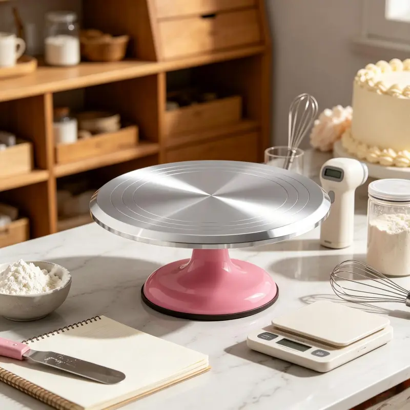 Rotating cake stand with a silver aluminum top and non-slip base, smooth turntable for home DIY baking and cake decorating, Cake Display Stand