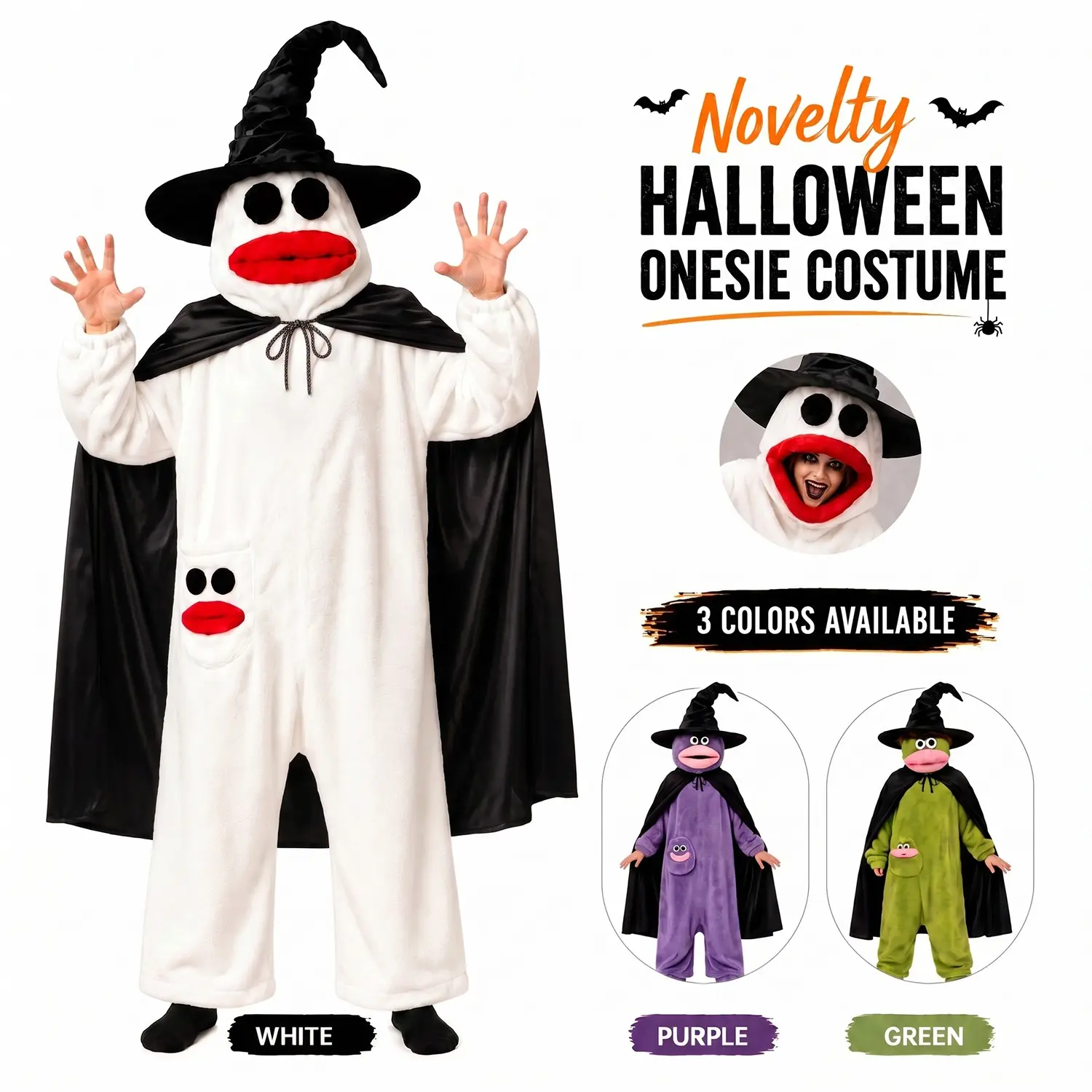 Halloween Ghost Spooky Onesie Costume with Witch Hat Cape, Cozy Plush Pajamas Loungewear for Teens Adults, Fun Party Dress Up