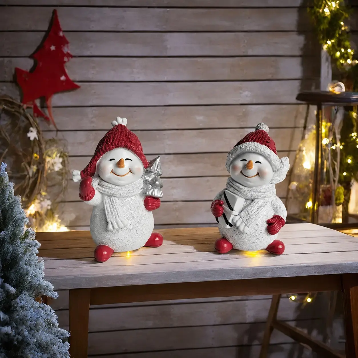2-Piece Christmas Snowman Figurine Set, Resin Craft Home Decor, Indoor Living Room Tabletop Decoration, Outdoor Patio Balcony Model Holiday Ornament Gift