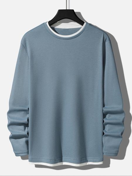 Men's Autumn Winter Long Sleeve Waffle Knit Crewneck T-Shirt, Casual Fitted Plain Top, Regular Fit Bottom Layer, Comfortable Daily Wear