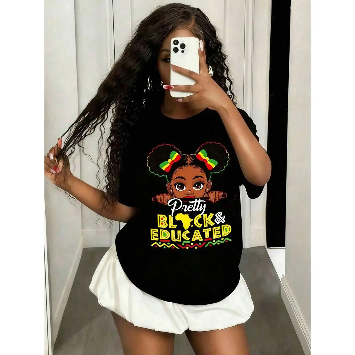 Girls & Teenagers Students Casual Printed Black Crew Neck Short Sleeve T-Shirt Top, Summer