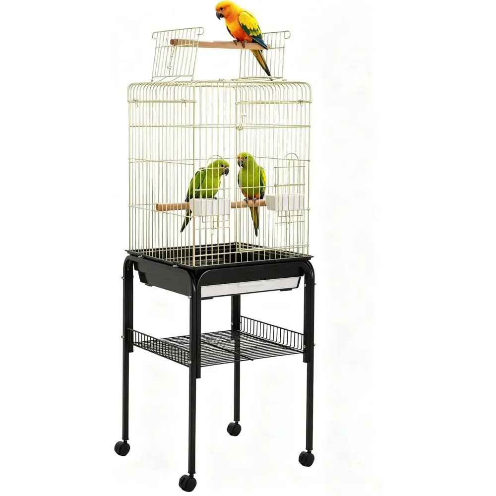 Bird Cage, 57‘’H Open-Top Durable Bird Cage w/Rolling Stand, Removable Tray, Extra Storage Stand, Brakable Casters,Large Dorr for Access, Indoor& Outdoor Use for Birds