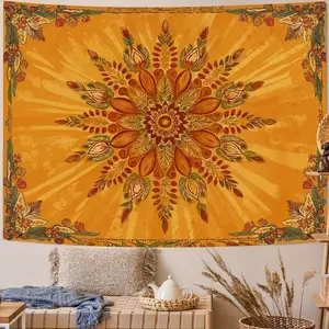 1pc FAXDONG Large Bohemian Mandala Tapestry, Vintage Bohemian Indian Wall Hanging with Intricate Orange-Yellow-Brown-Green Floral Mandala Design, Horizontal Fabric Art for Bedroom, Living Room, Dorm Decor, Bohemian Chic Home Aesthetic, Indoor Use