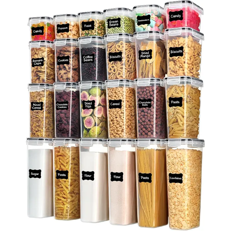 Airtight Food Storage Containers with Lids, 24 pcs Plastic Kitchen and Pantry Organization Canisters for Cereal, Dry Food, Flour and Sugar, BPA Free, Includes 24 Labels,Black For Cereal Pasta Snack Flour SugarAirtight Seal, Multiple Sizes, Dishwasher Safe