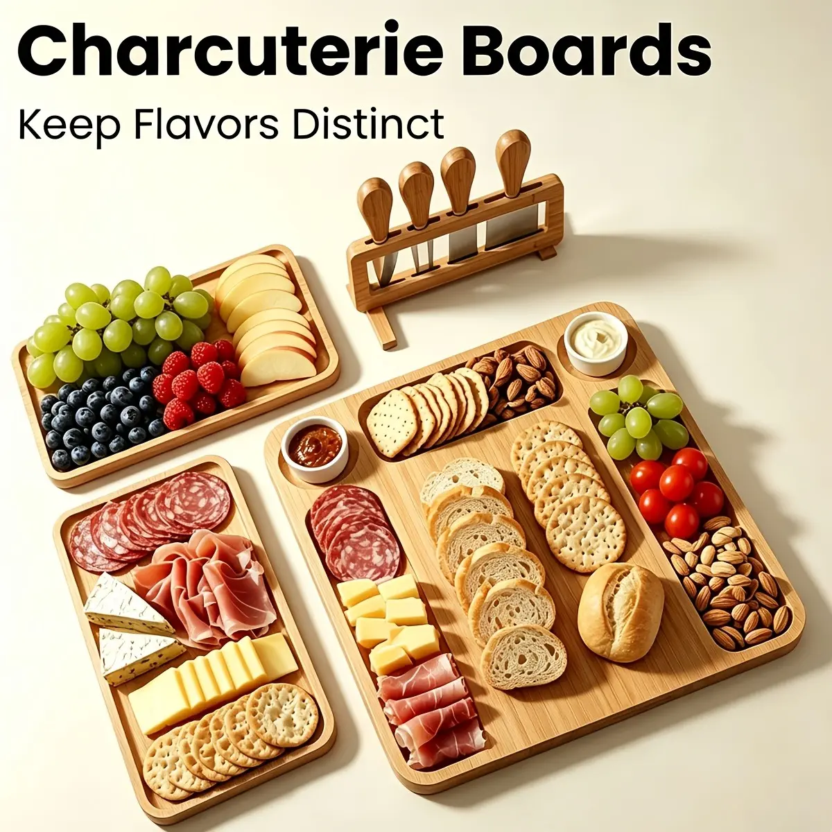 Charcuterie Boards Bamboo Cheese Board & Knife Set Cheese Tray with 2 Small Trays -House Warming Gifts New Home & Bridal Shower Gifts for Wedding, Anniversary