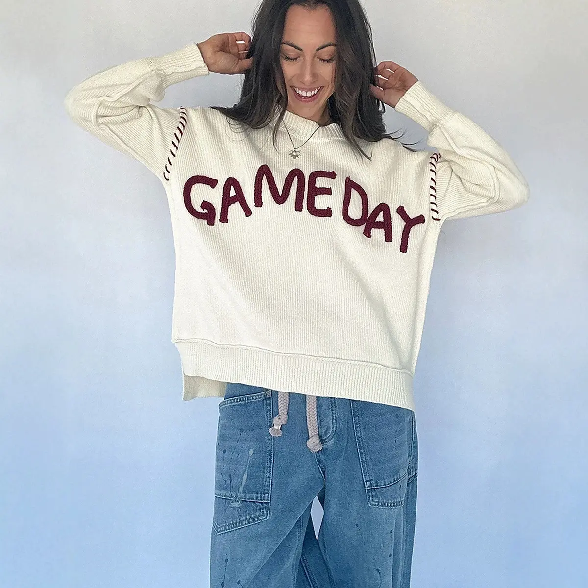 Women's Autumn Winter Warm Pullover Sweater - Casual Letter Print, Colorblock, Split Hem, Cozy Daily Wear, Stylish