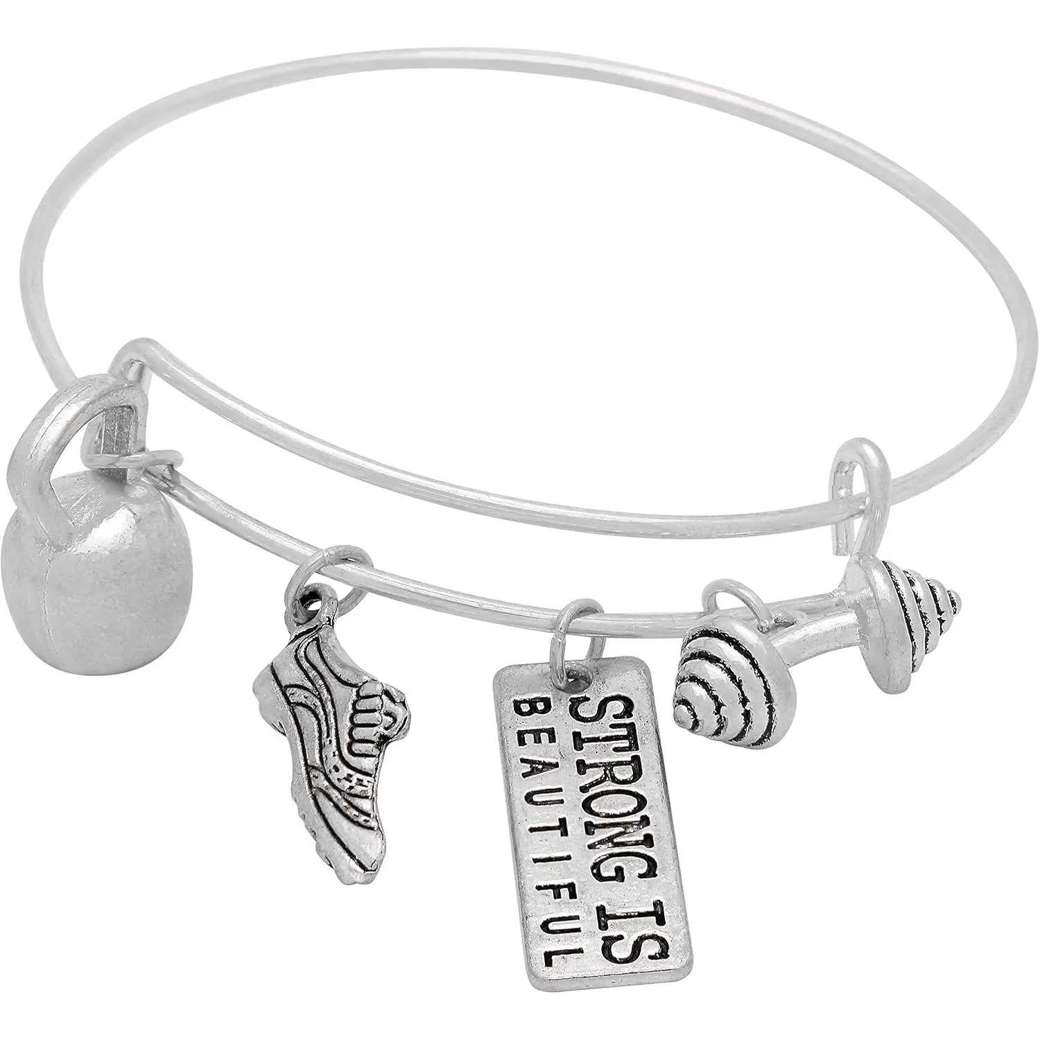 Synthetic 3 In Modern Round Bracelet, Expandable Gym Workout Jewelry with Barbell Dumbbell Weight Motifs and Small Victorious Brave Pendant Charm