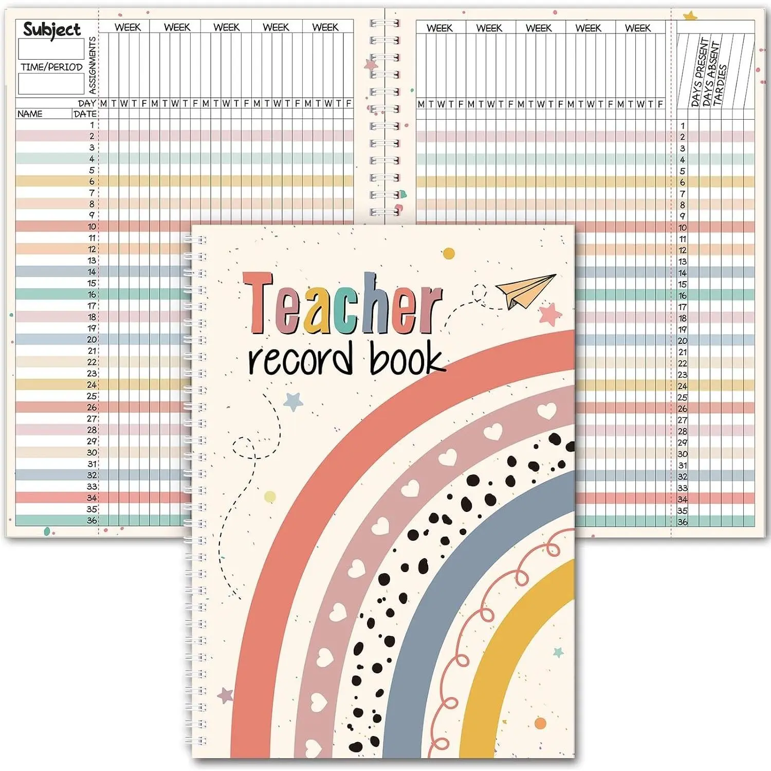 Teacher Record Book Teacher Grade Book 2026-2027 Spiral Bound Boho Heart Dot Record Class Planner 2026 Gradebook Office Favors for Classroom Attendance Supplies Double Sided Printing