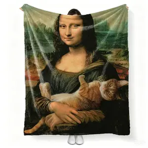 Blanket flannel printed with cute animals, cats, whimsicalmodern style, funny Mona Lisa, Renaissance Europeanmodern oil painting texture, cotton-silk feel, office napshawl, suitable for all ages, customizable from 30 inches to80 inches