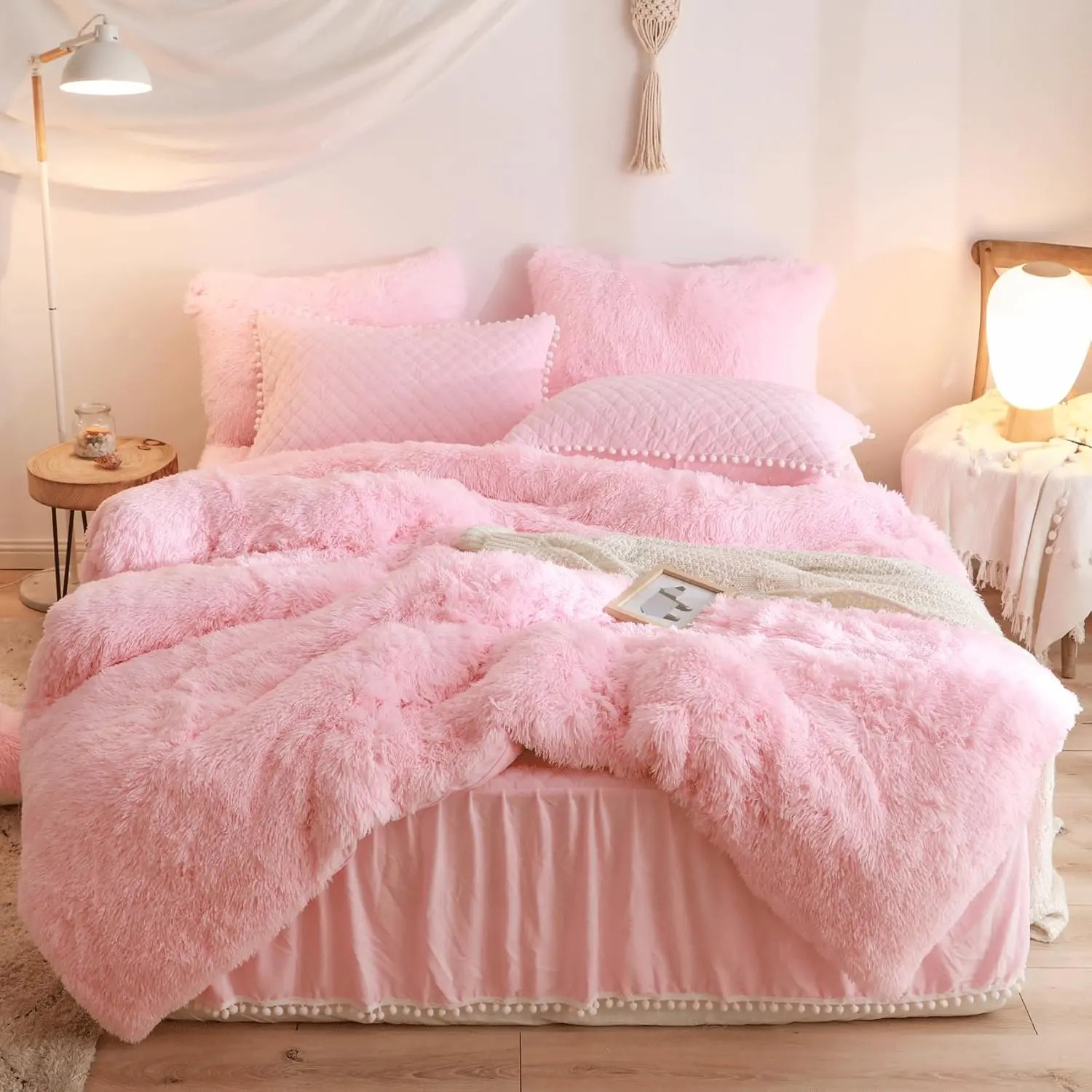 Pink Comforter Cover Queen Set, Soft Furry Shaggy Pink Bedding Queen Set 3 Pieces (1 Fuzzy Duvet Cover + 2 Faux Fur Pillow) Bed Set, Zipper Closure