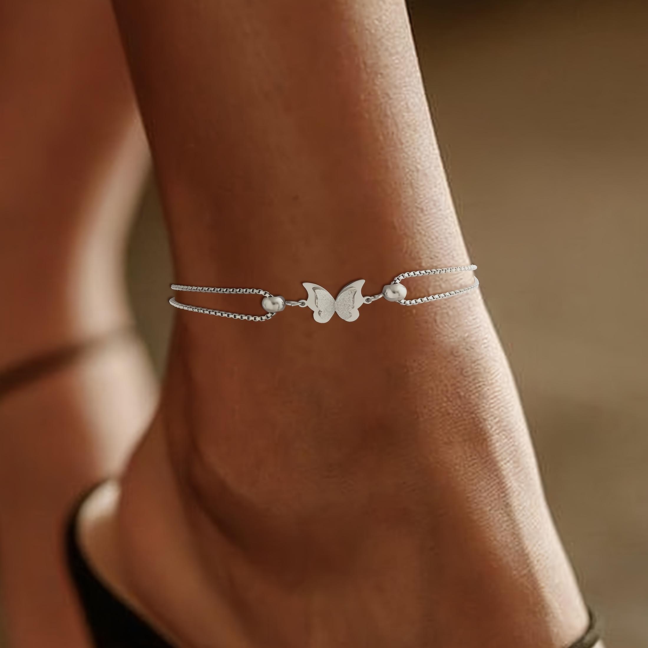 Double Layer Butterfly Anklet for Women – Hypoallergenic Stainless Steel Gold & Silver Tone Chain, Cute Trendy Foot Jewelry for Beach, Vacation, Party & Everyday Summer Outfit