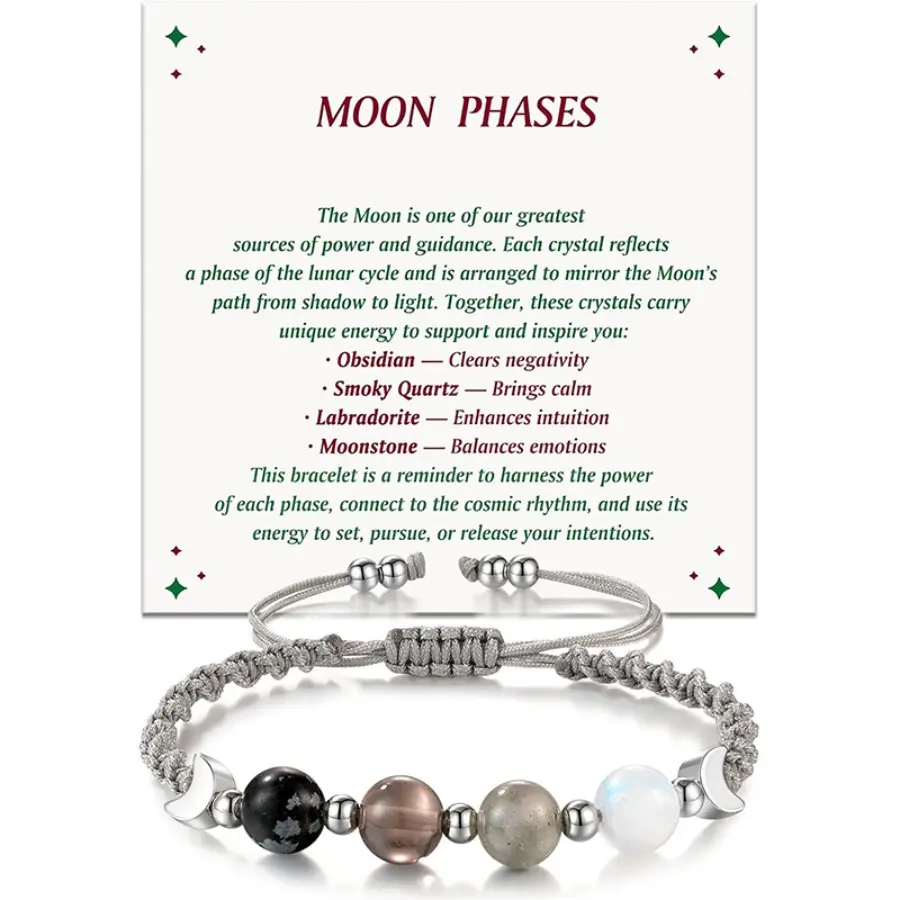 Women's Witchcraft Look Natural Stone Bracelet - 16.5" Length, Ladies Moonstone, Obsidian, Smoky Quartz, Labradorite, Dark Gradient Crystal Beads, Braided Bead Chain, Divine Feminine Costume Jewelry for Energy Clearing, Emotion Balancing