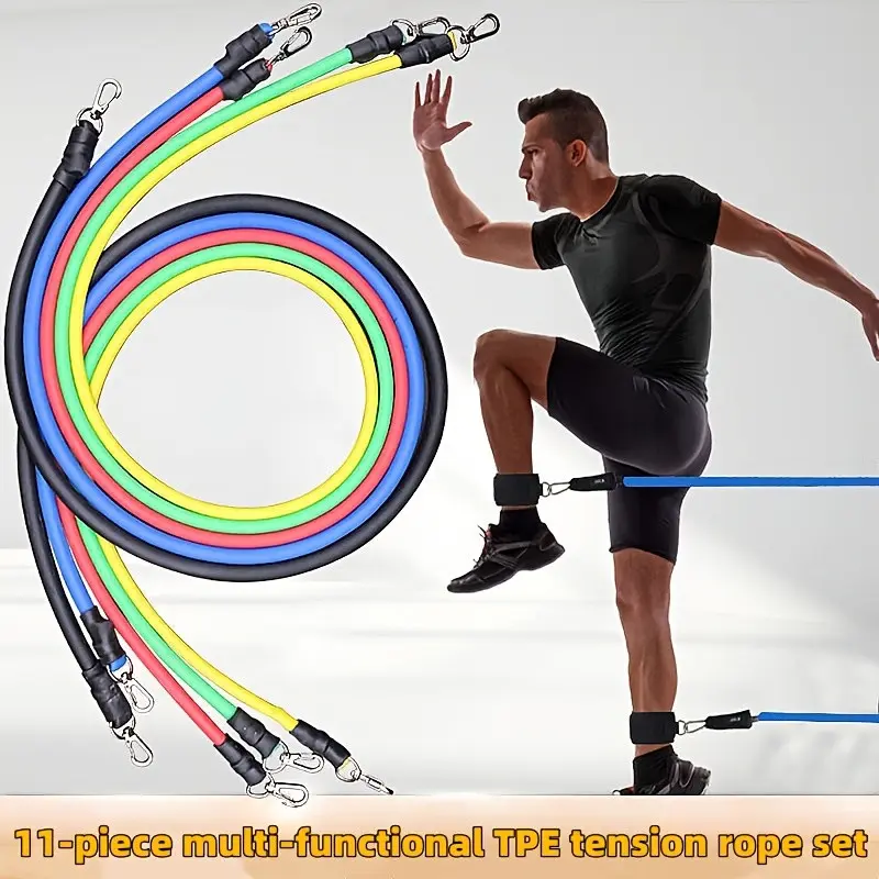 11-Piece Multi-Functional Tpe Resistance Band Set, Anti-Slip, Stackable, Includes Sponge Handle, Elastic Bands, Ankle Strap, Door Anchor, Gym Bag