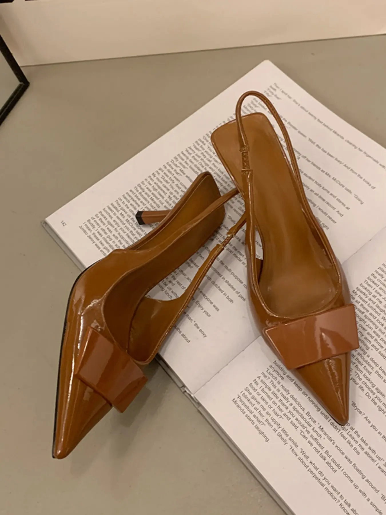 Women Patent Pointed Toe Square Buckle Slingback Pumps, Thin Stiletto Heel Back Strap Dress Sandals, Office Party Heels, 4 Colors Black White Blue Brown