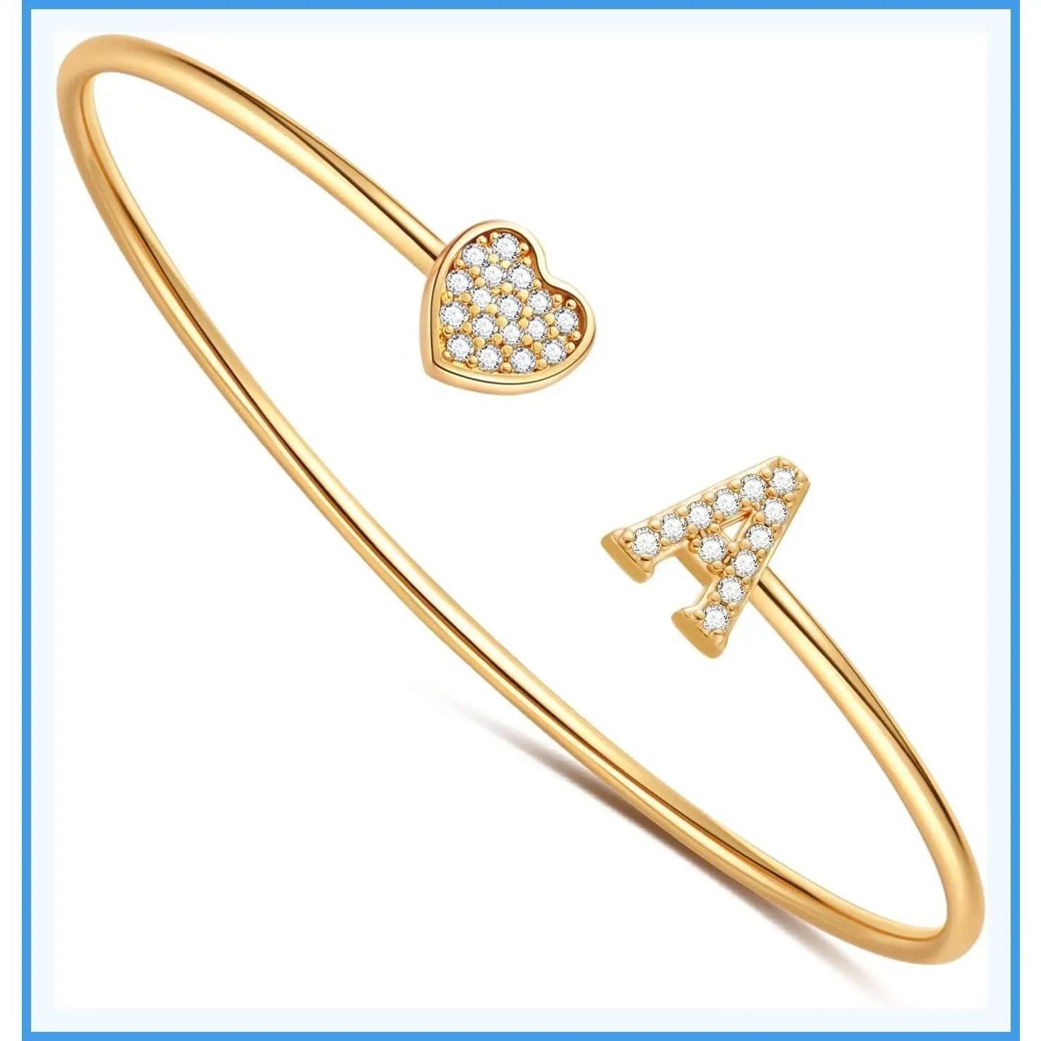 14K Gold Plated Initial Heart Bangle Bracelet for Women & Teen Girls