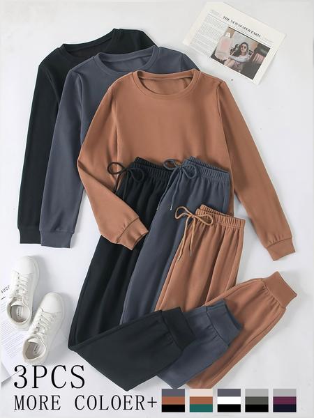 Women's Homecoming Set, 3-Piece Long Sleeve Round Neck Top & Ankle-Length Pants, Soft Fabric, Casual Comfortable Daily Wear
