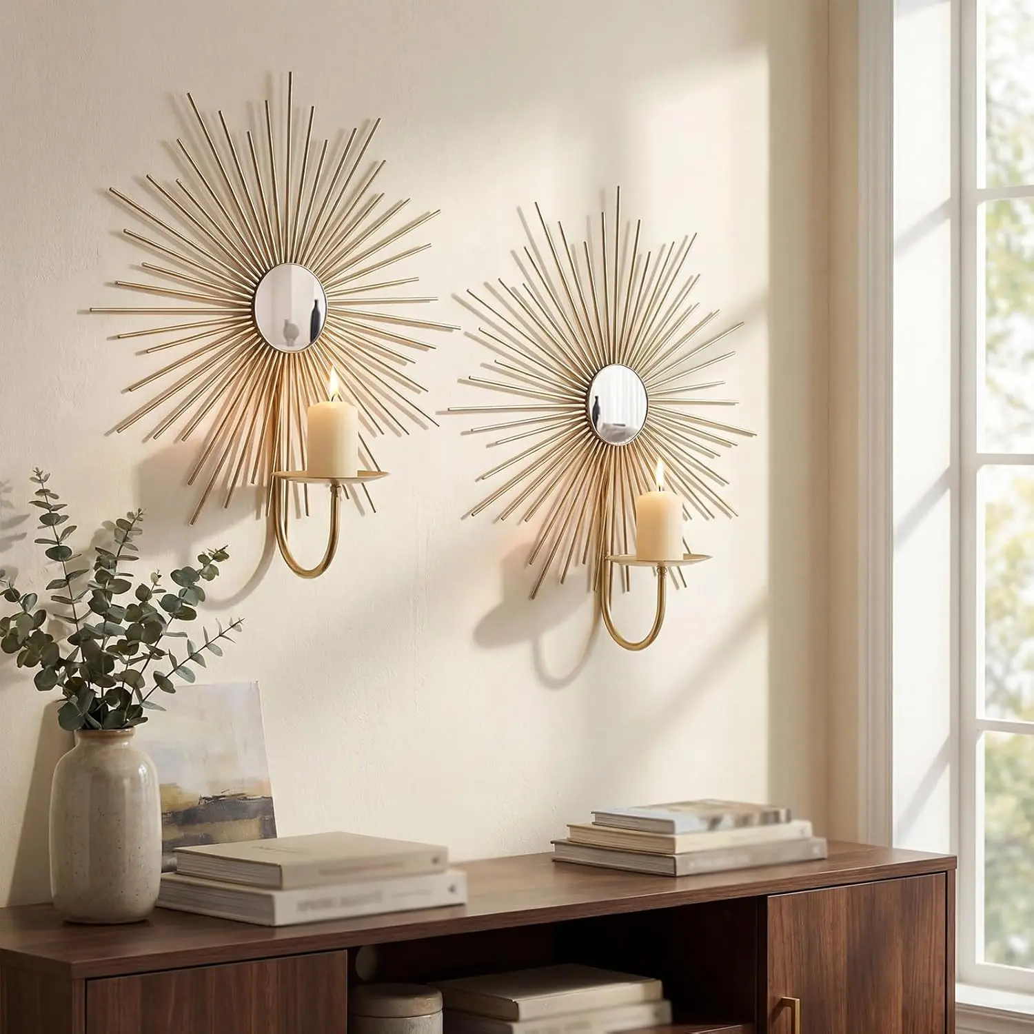 2 Set Candle Sconces Wall Decor for Living Room Metal Sunburst Mirrored Modern Gold Wall-Mounted Candle Holder Sconces Hanging Mounted Fireplace Farmhouse Wedding