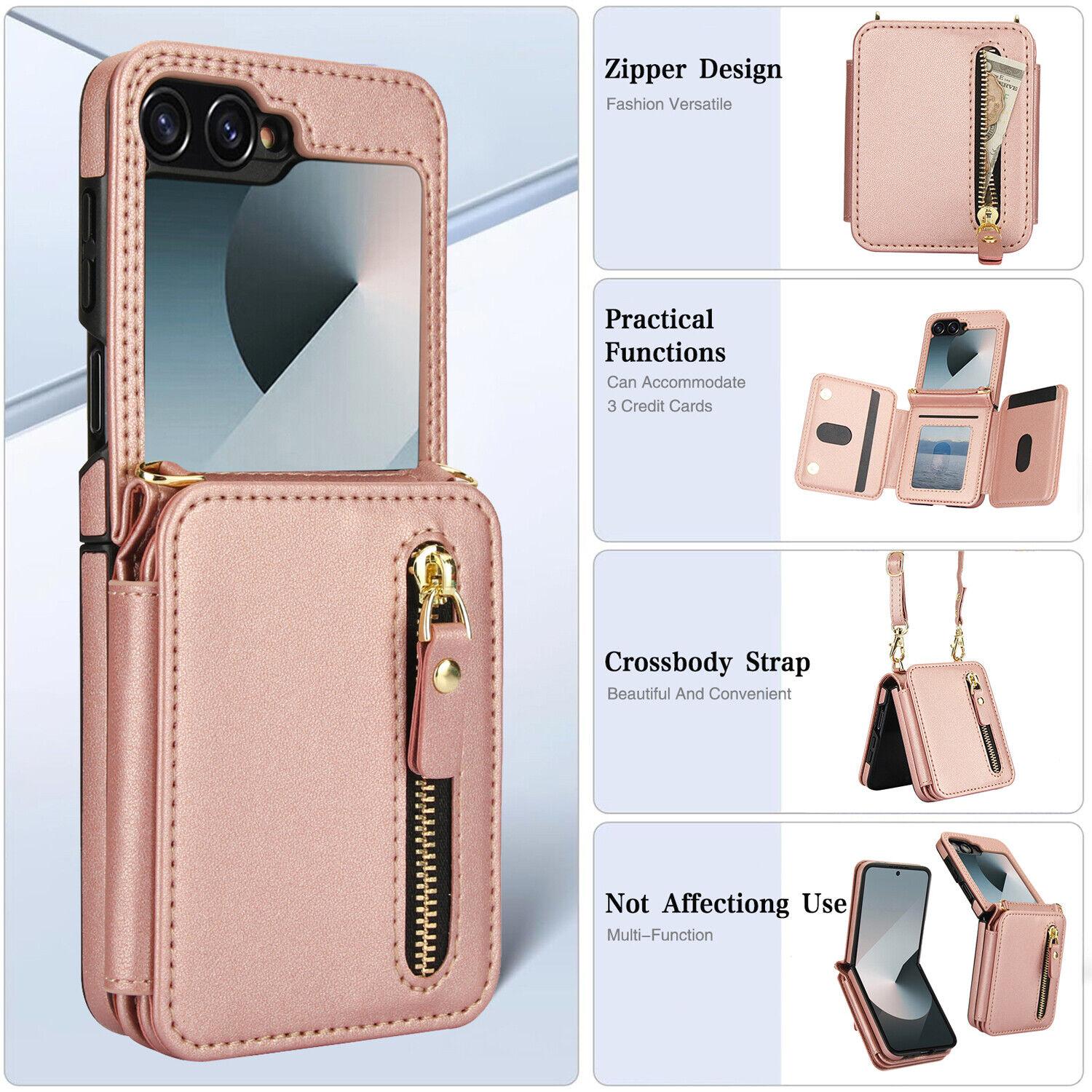 [FREE!SHIP] for Samsung Galaxy Z Flip 6/5/4/3 5G Wallet Case with Built-in PU Leather Cash Slot Zipper Purse with Credit Card Slot Holder Carrying Handbag Stand Phone Case Hinge Protection Adjustable Lanyard for Women Ladies