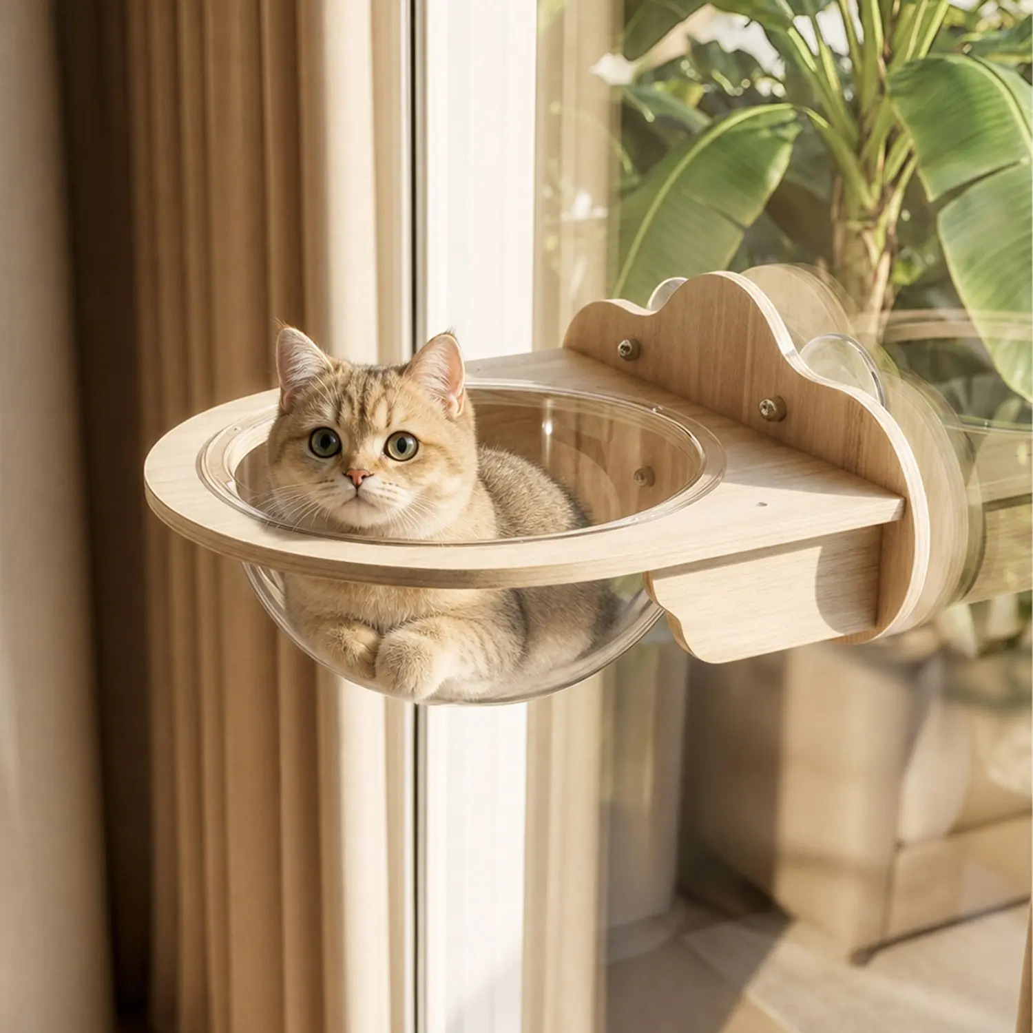 Solid Wood Cat Window Perch, Suction Cup Hammock, Floating Seat for Bird Watching, Sunbathing & Napping, Space Saving Luxury Cat Furniture