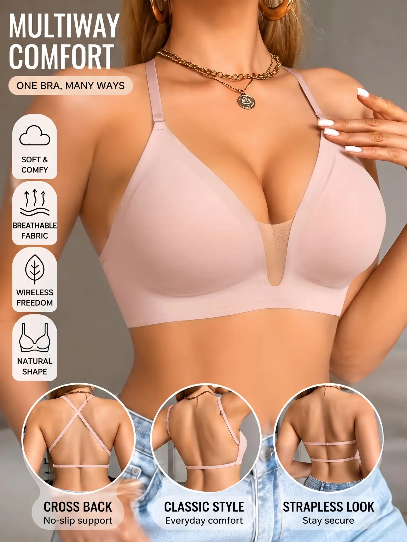 Women's Deep Plunge Multiway Bra, Wireless Non-Wired Convertible Bra, Adjustable Straps, Strapless Cross Back Support for Low Cut Tops & Dresses