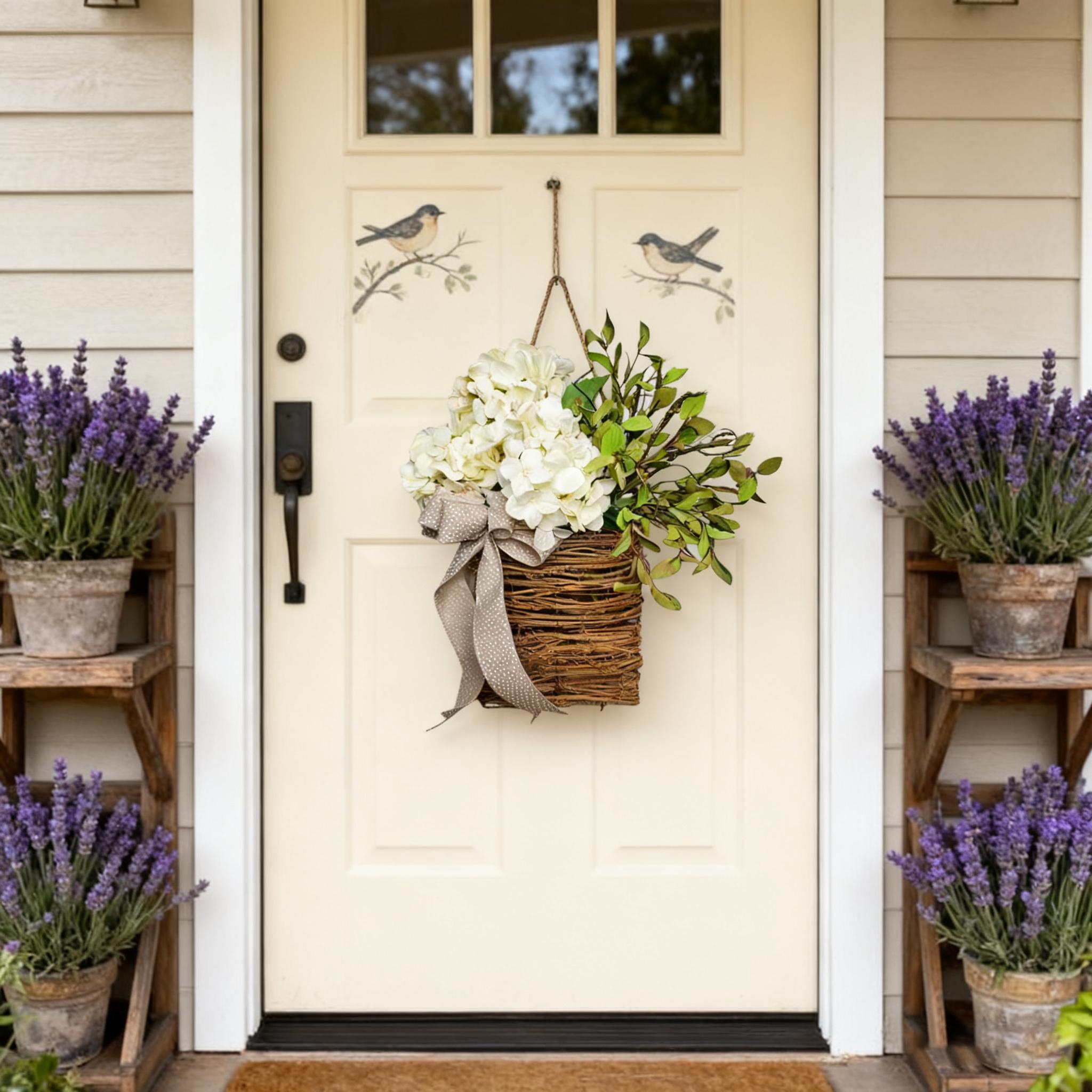 14" Cream Hydrangea Door Basket Wreath - Modern Farmhouse Floral Hanger for Front Door, Porch & Spring/Summer Aesthetic Home Decor Artificial Flower Bouquet Artificial Plants